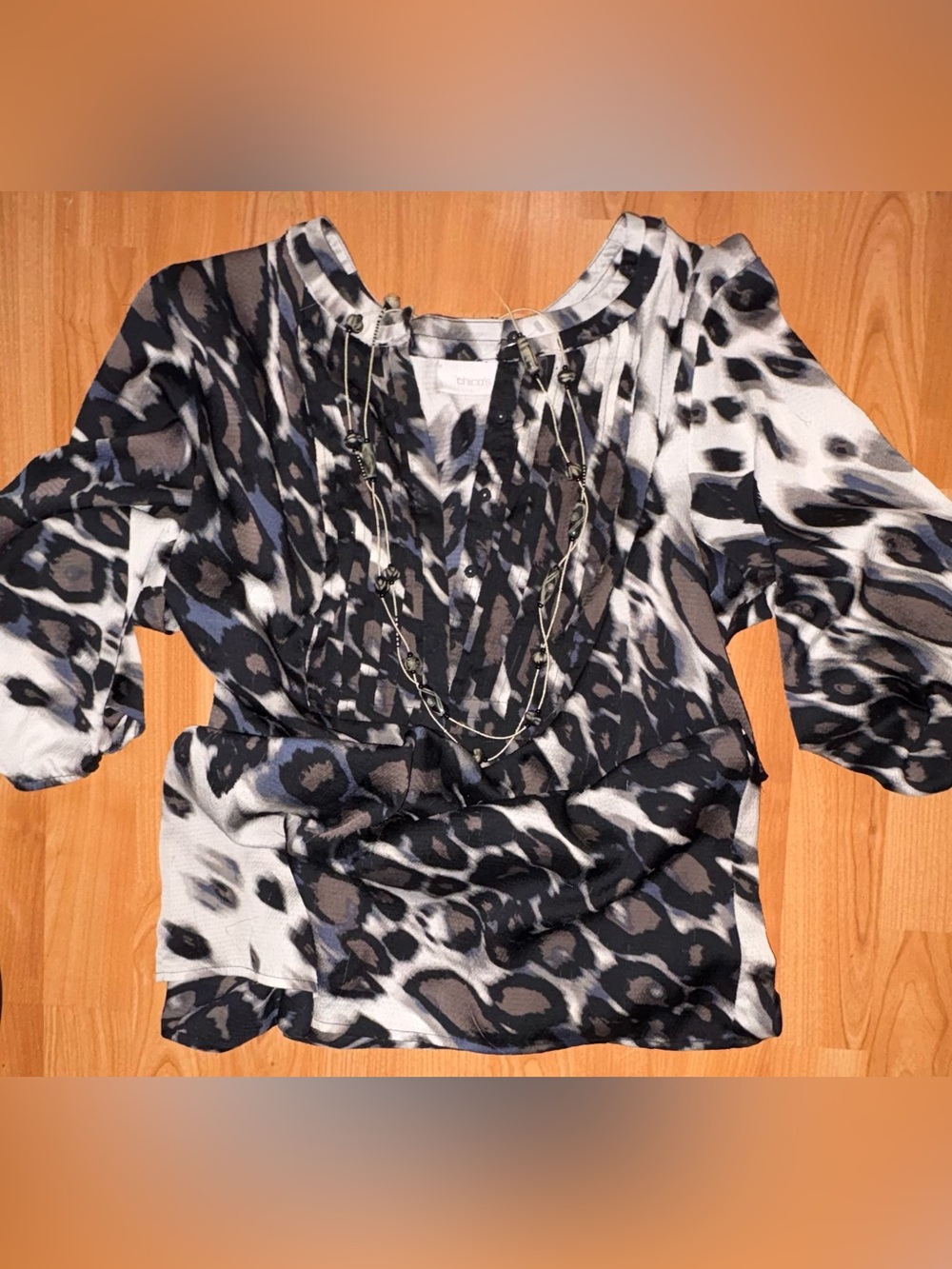 Chico's Black, White & Gray Leopard-Print Blouse